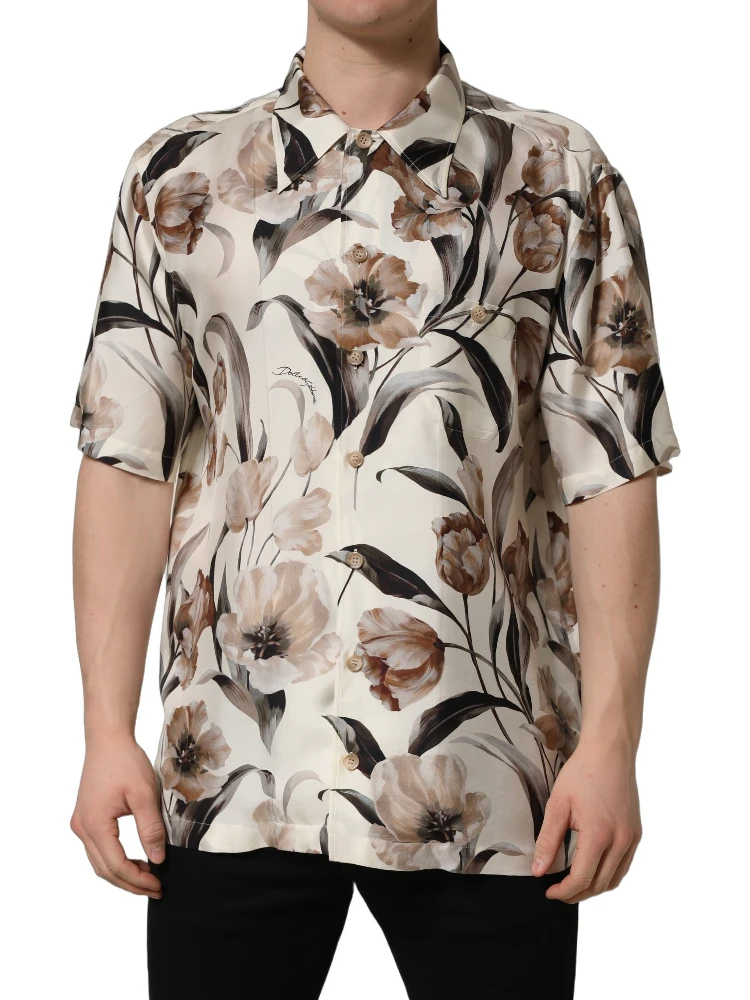 Beige Tulip Print Silk Short Sleeves Shirt
