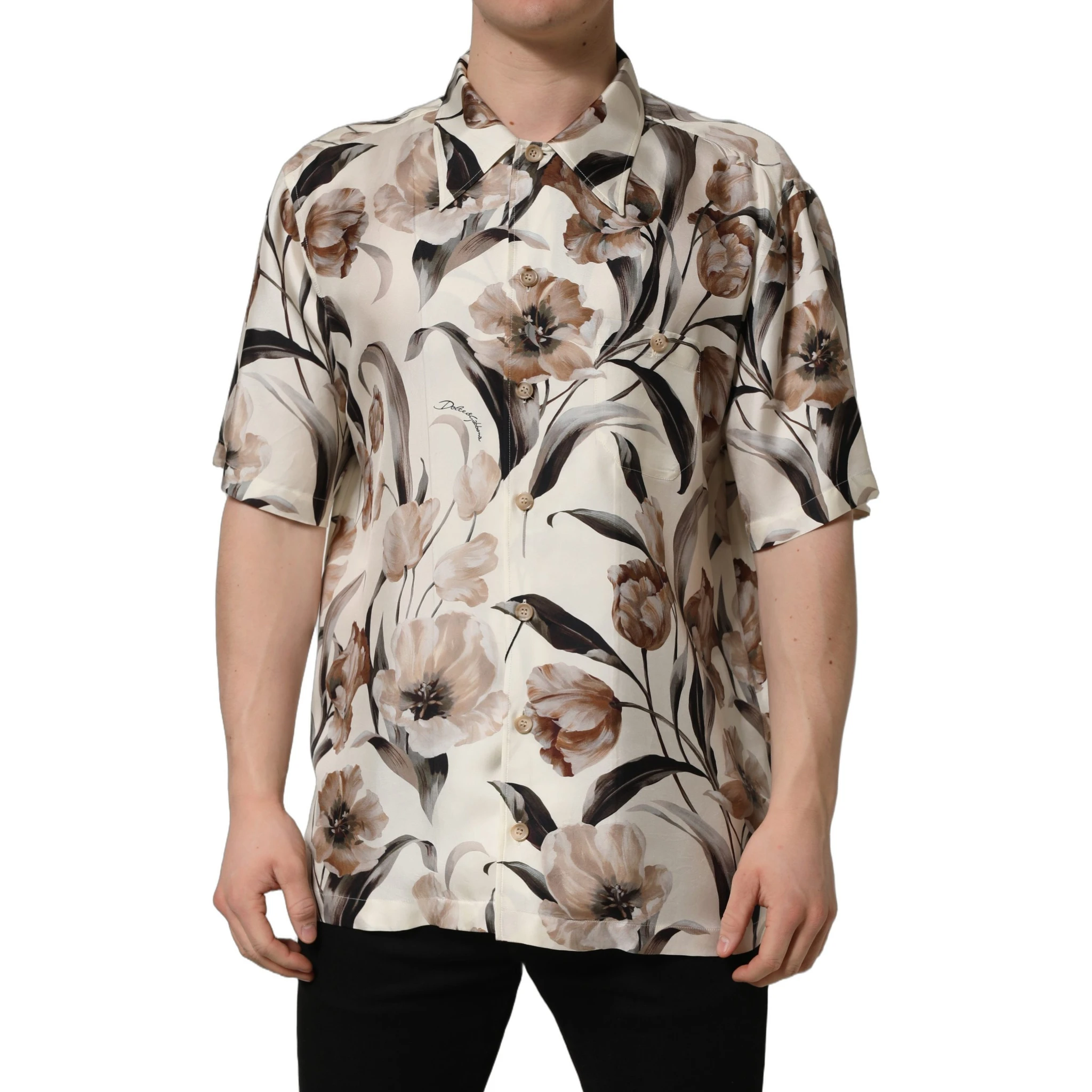 Beige Tulip Print Silk Short Sleeves Shirt