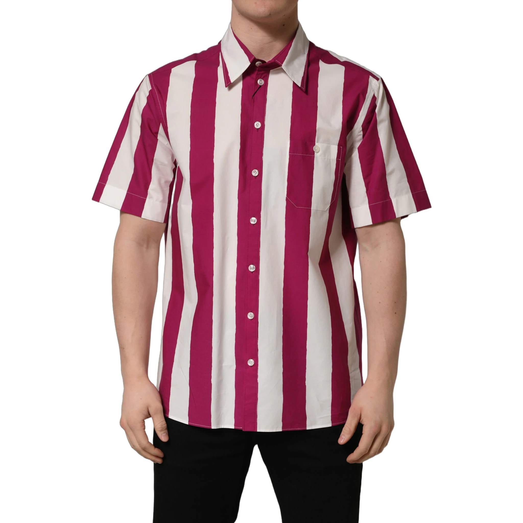 White Maroon Striped Men Short Sleeves Shirt