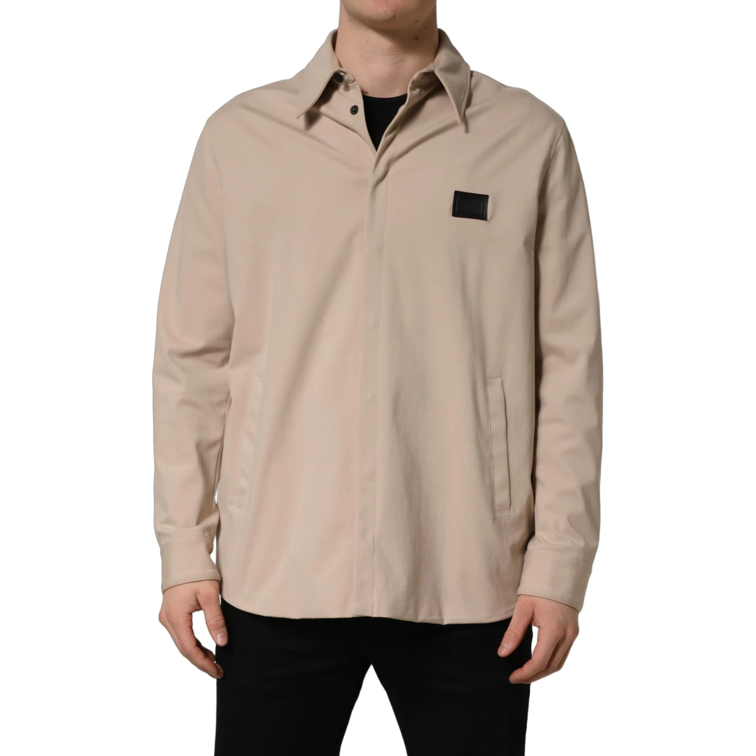 Beige Logo Overshirt Cotton Men Casual Shirt