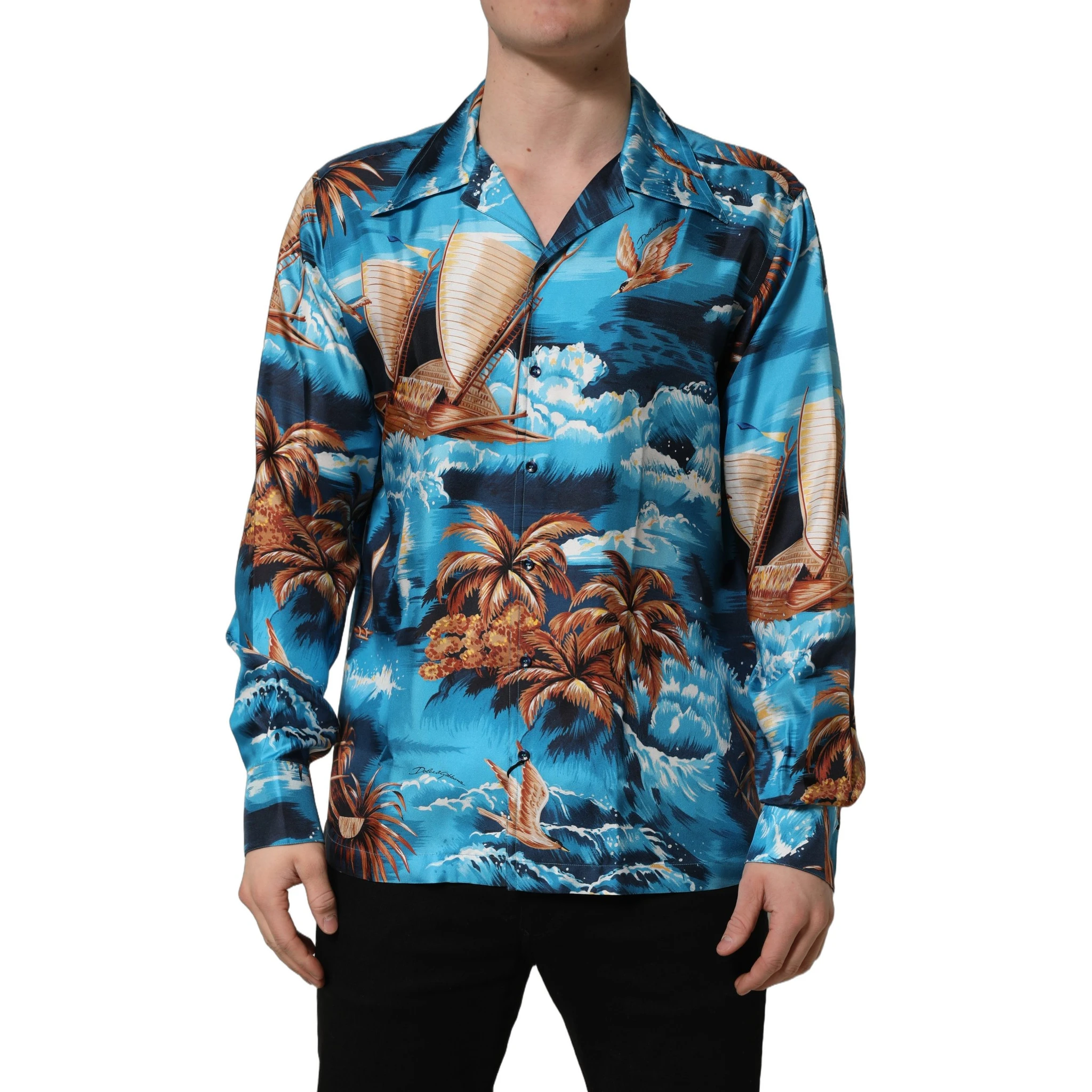 Blue Silk Twill Hawaiian GraphicPrint Shirt