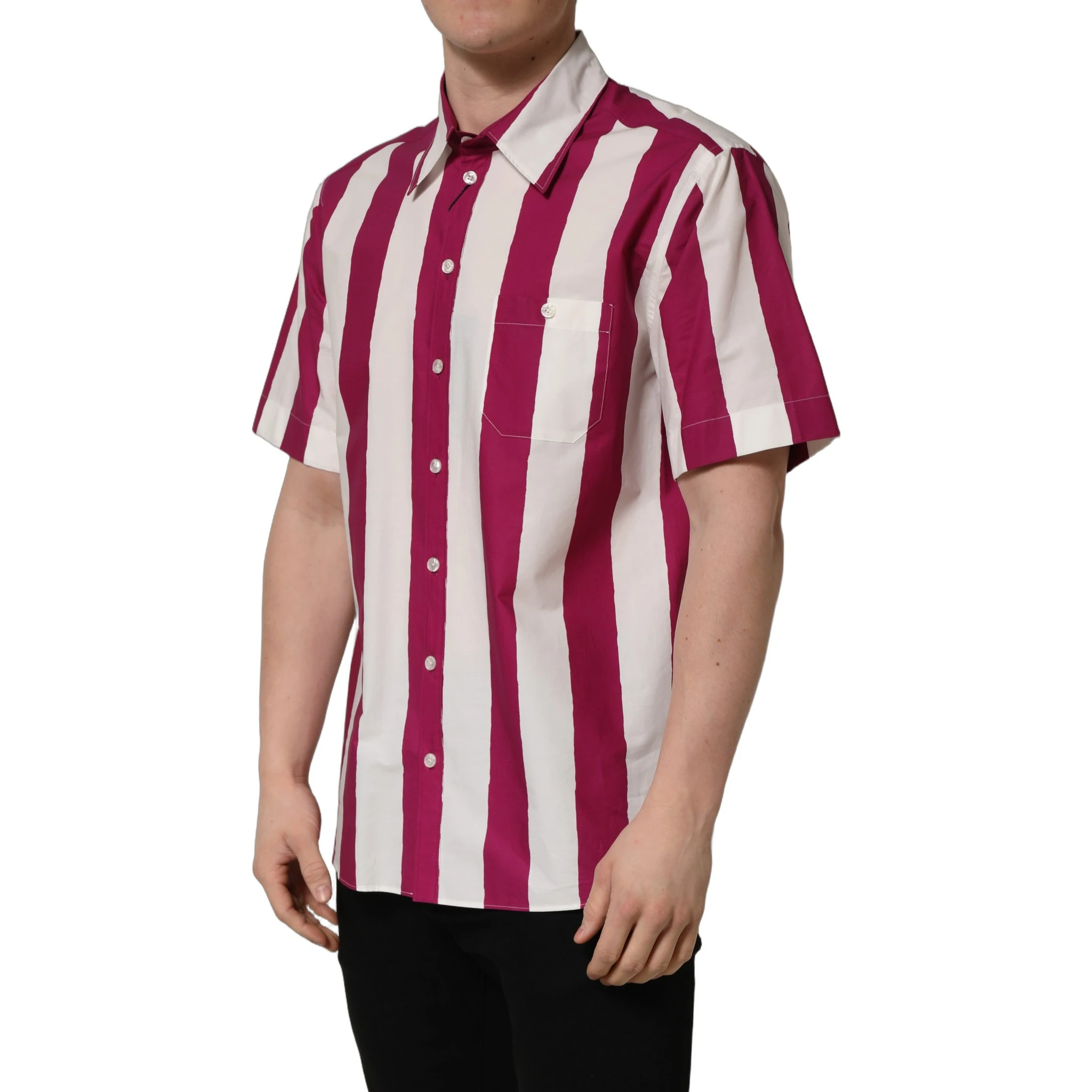 White Maroon Striped Men Short Sleeves Shirt