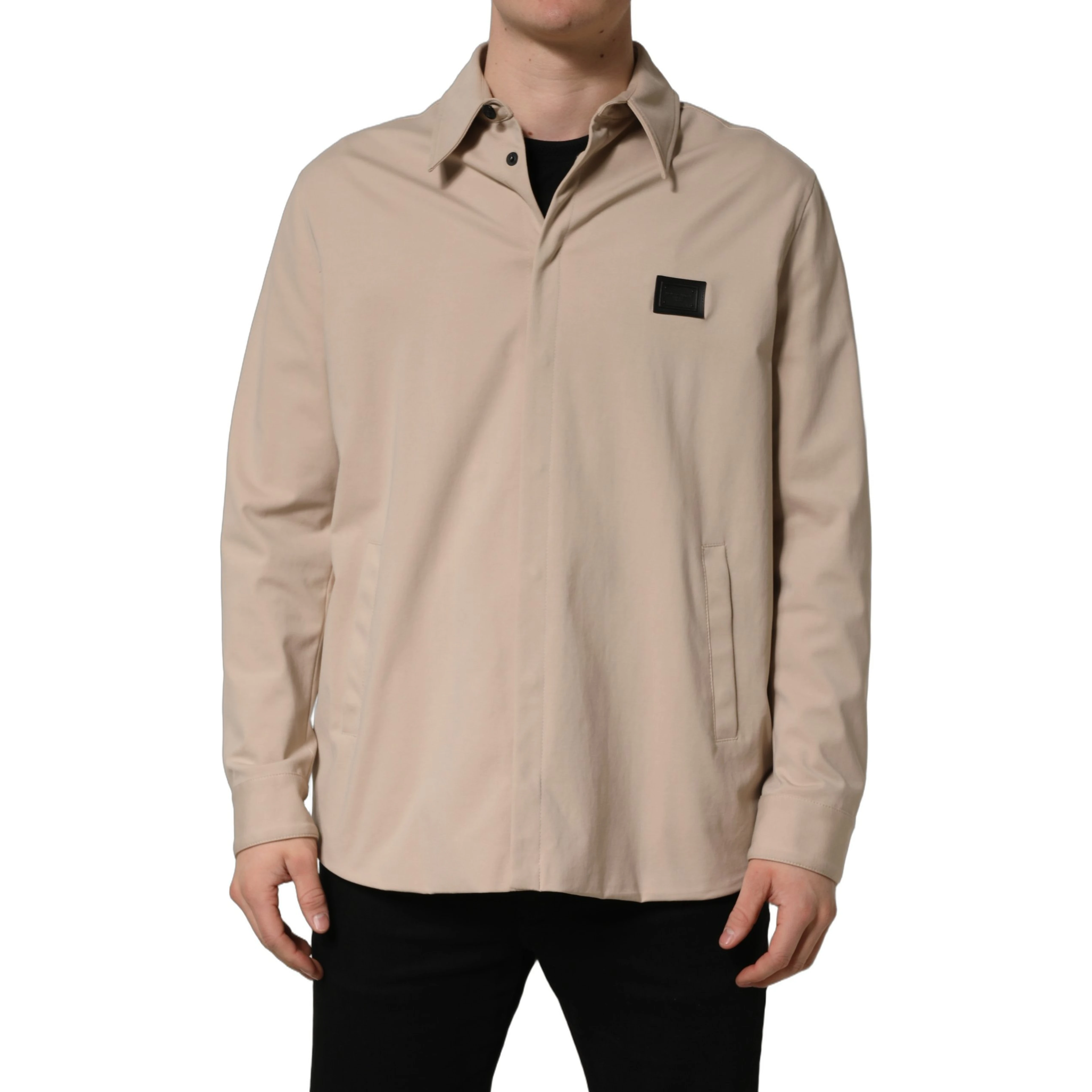 Beige Logo Overshirt Cotton Men Casual Shirt