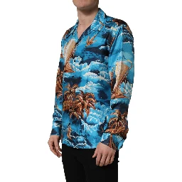 Blue Silk Twill Hawaiian GraphicPrint Shirt