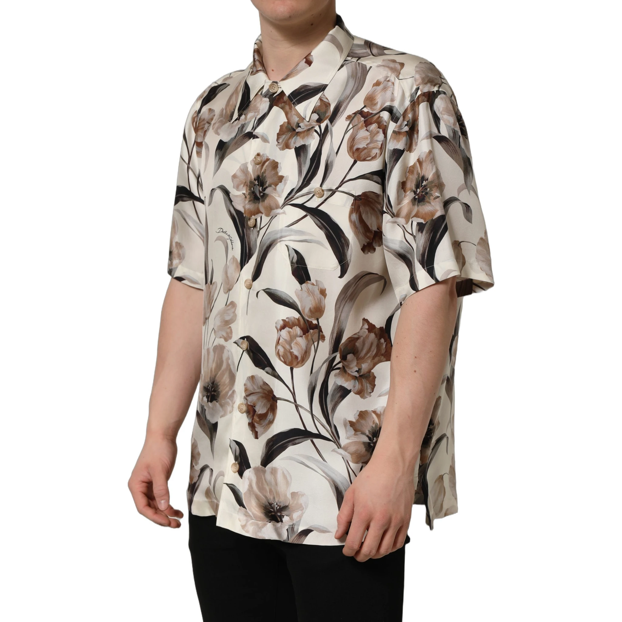 Beige Tulip Print Silk Short Sleeves Shirt