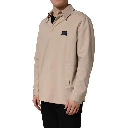 Beige Logo Overshirt Cotton Men Casual Shirt