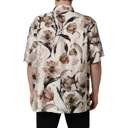 Beige Tulip Print Silk Short Sleeves Shirt