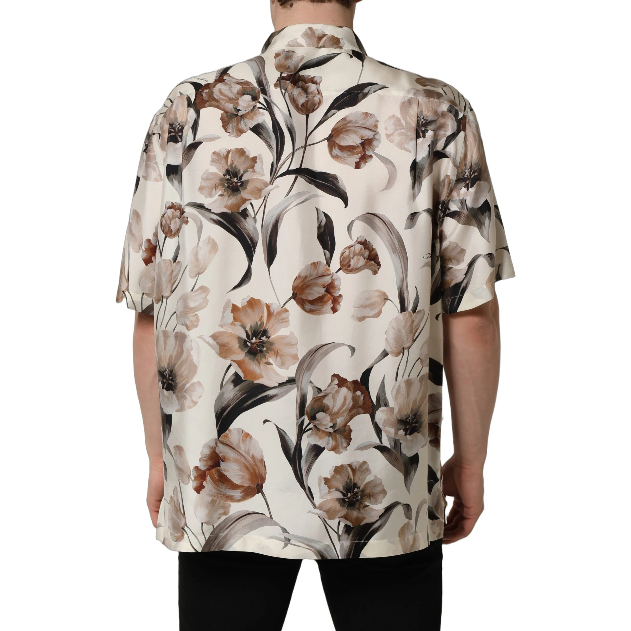 Beige Tulip Print Silk Short Sleeves Shirt