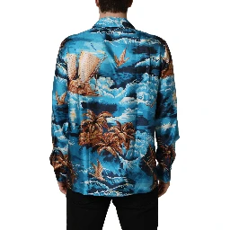 Blue Silk Twill Hawaiian GraphicPrint Shirt