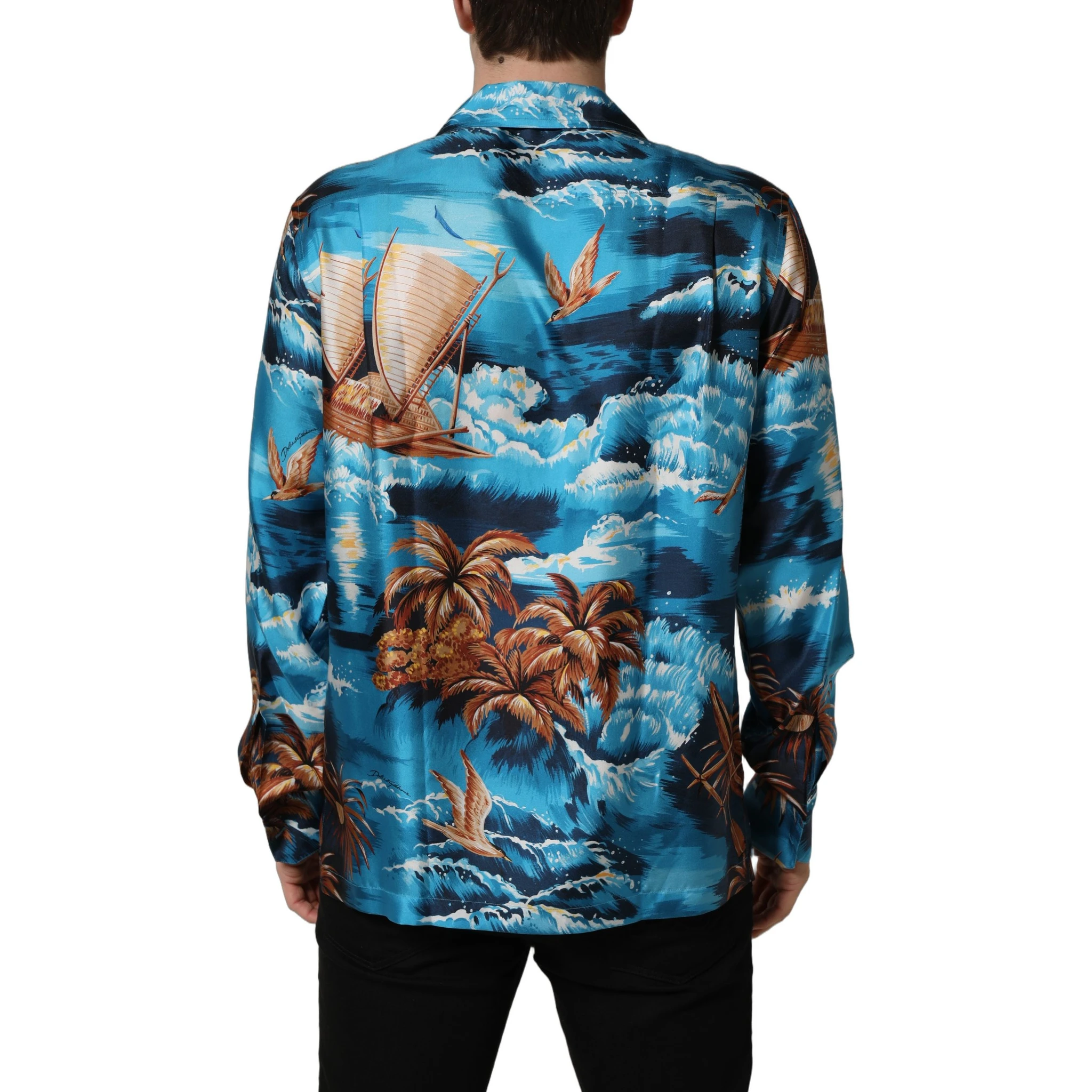 Blue Silk Twill Hawaiian GraphicPrint Shirt