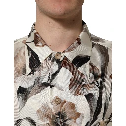 Beige Tulip Print Silk Short Sleeves Shirt