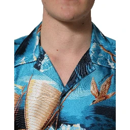 Blue Silk Twill Hawaiian GraphicPrint Shirt