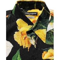 Black Floral Stretch Cotton SICILIA Fit Dress Shirt