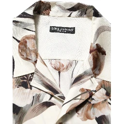 Beige Tulip Print Silk Short Sleeves Shirt