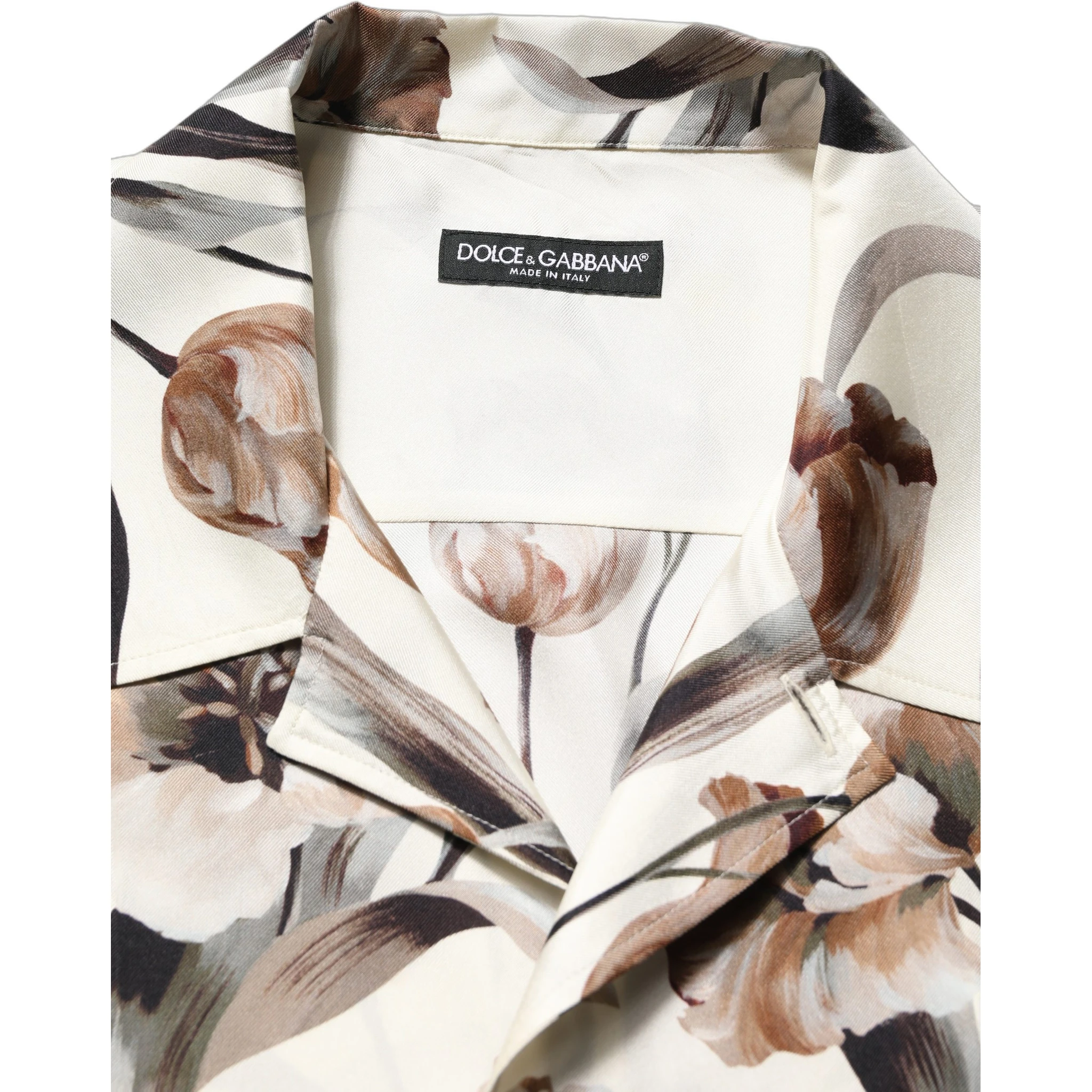 Beige Tulip Print Silk Short Sleeves Shirt