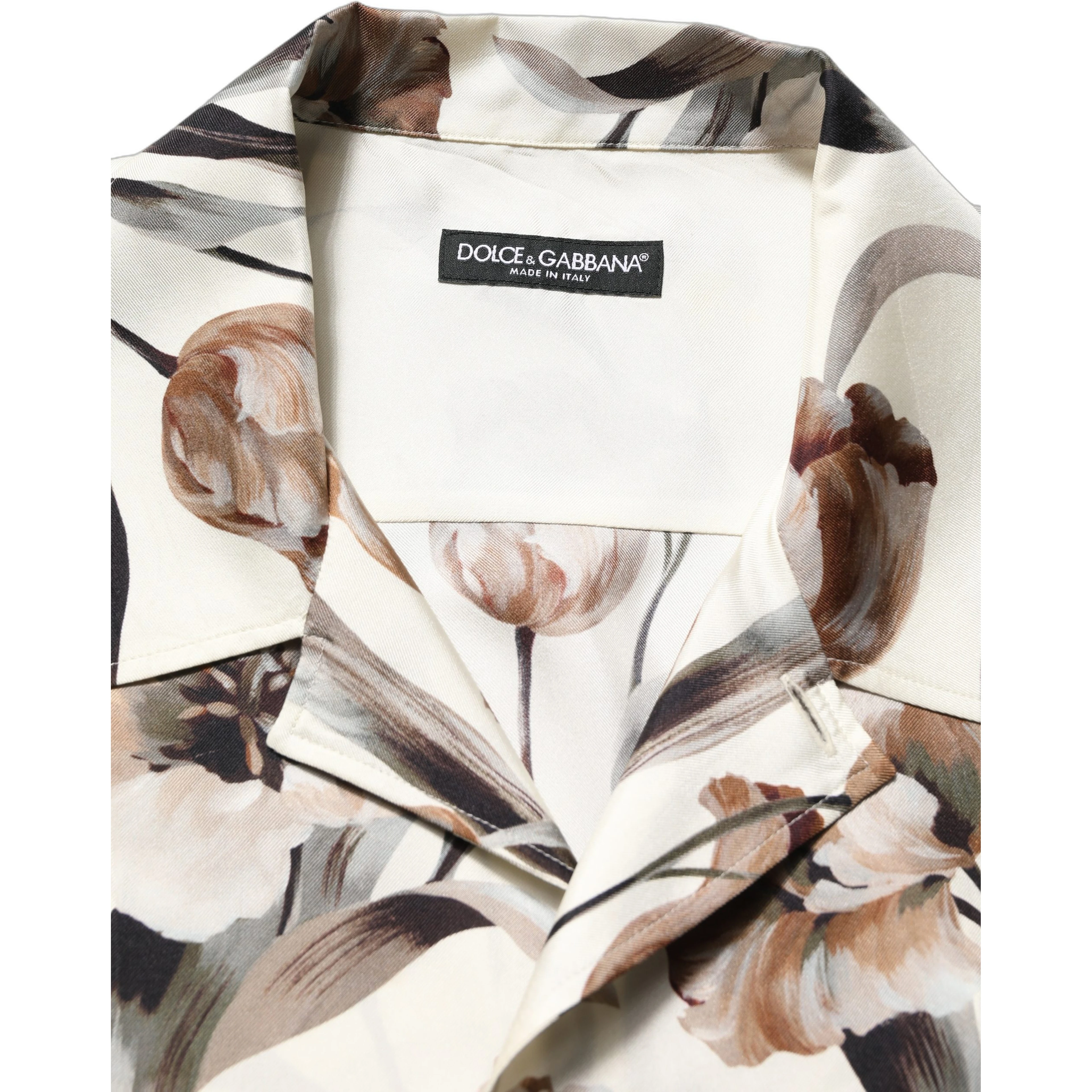 Beige Tulip Print Silk Short Sleeves Shirt