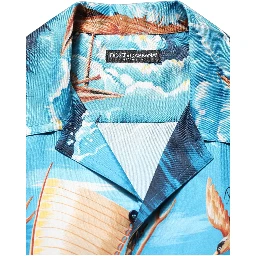 Blue Silk Twill Hawaiian GraphicPrint Shirt