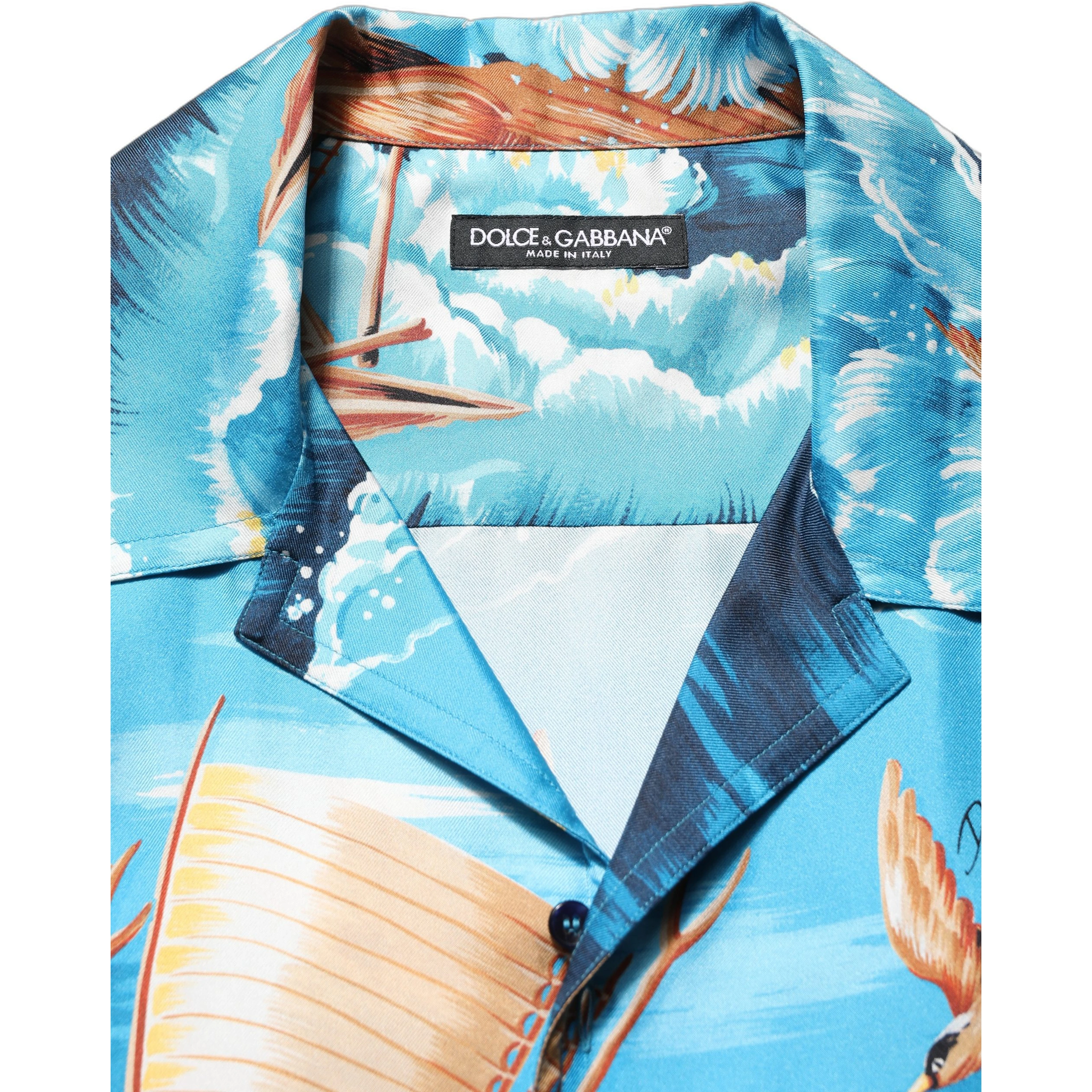 Blue Silk Twill Hawaiian GraphicPrint Shirt