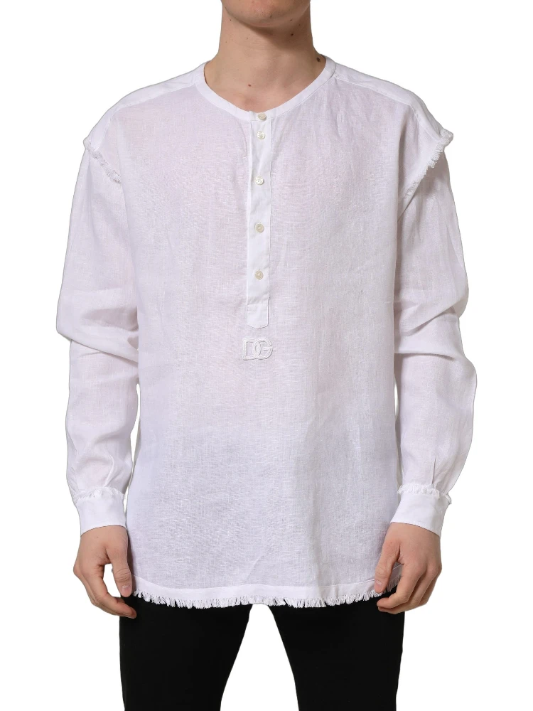 White Linen Logo Long Sleeves Casual Shirt