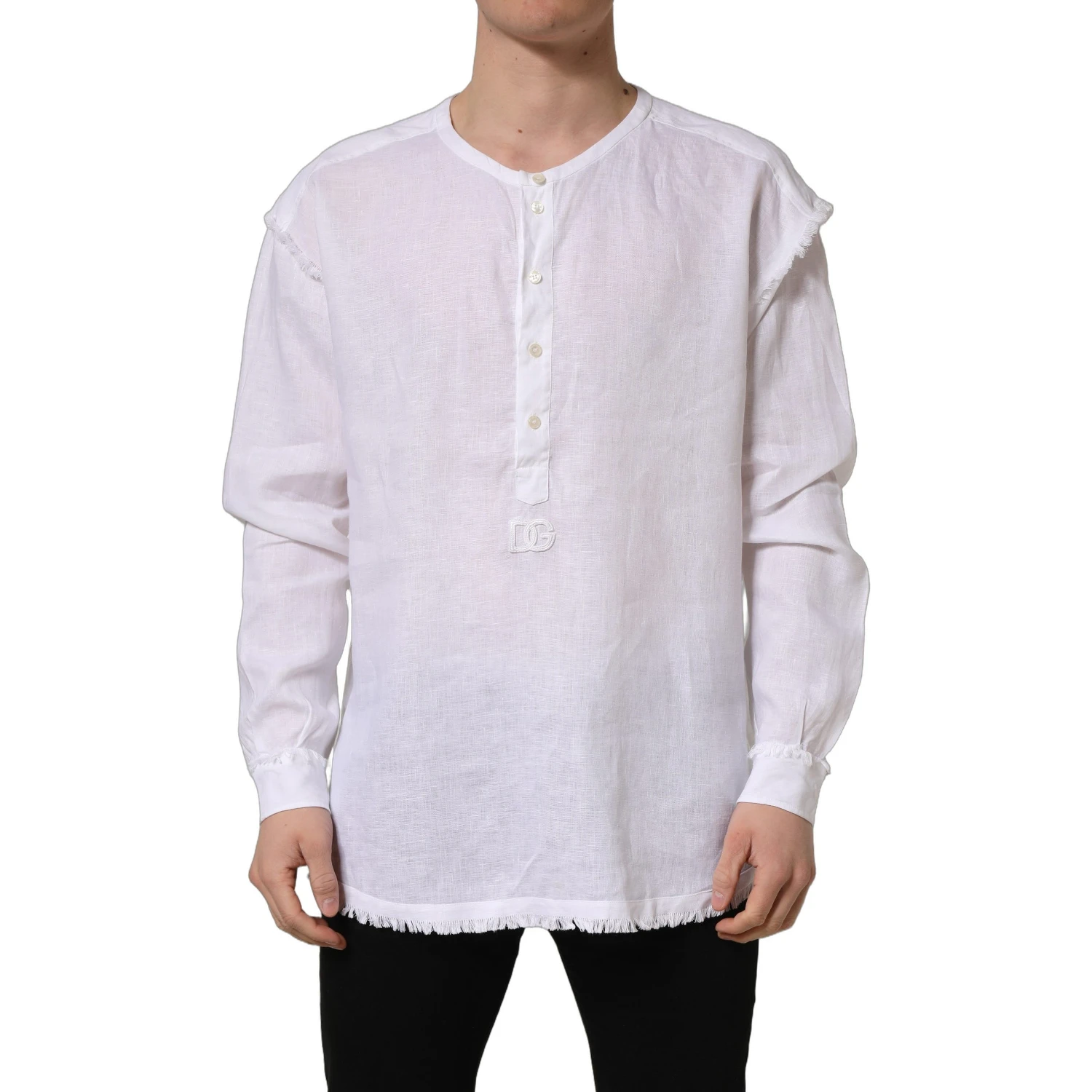 White Linen Logo Long Sleeves Casual Shirt