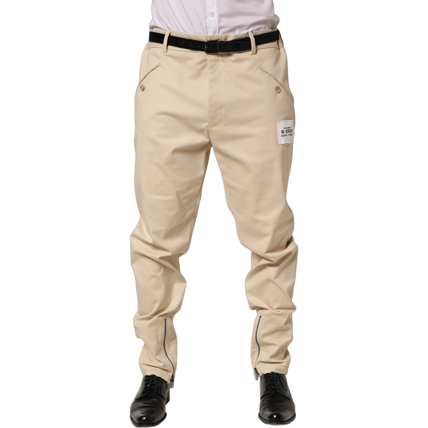 Beige Re-Editon Mid Waist Tapered Men Pants