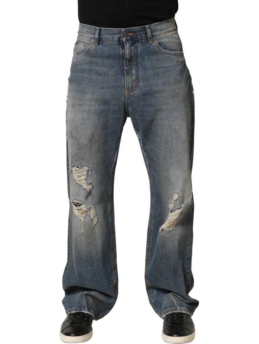 Blue Cotton Distressed Straight Denim Jeans