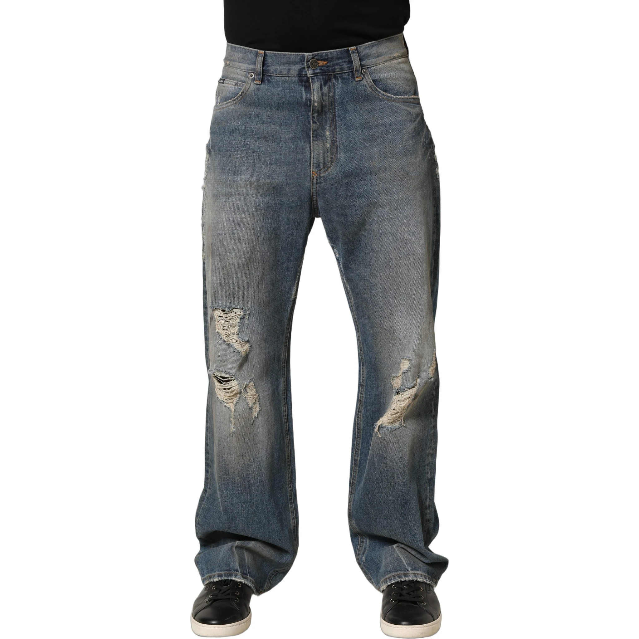 Blue Cotton Distressed Straight Denim Jeans