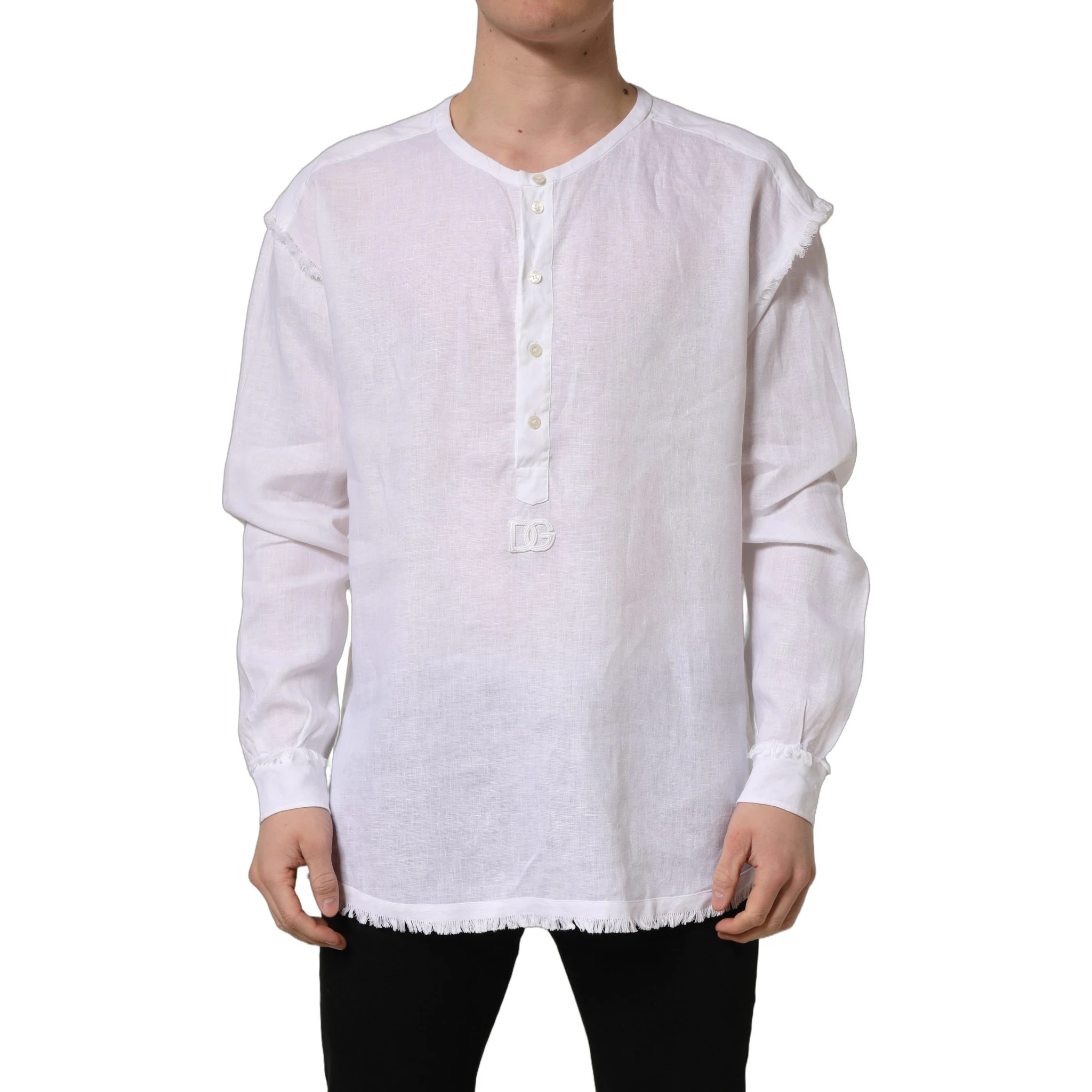 White Linen Logo Long Sleeves Casual Shirt