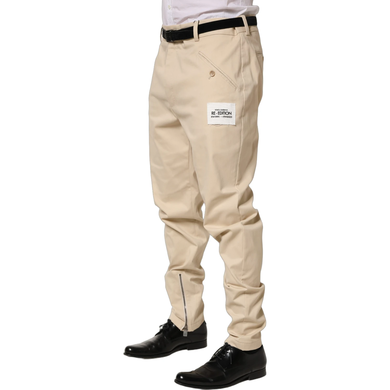 Beige Re-Editon Mid Waist Tapered Men Pants