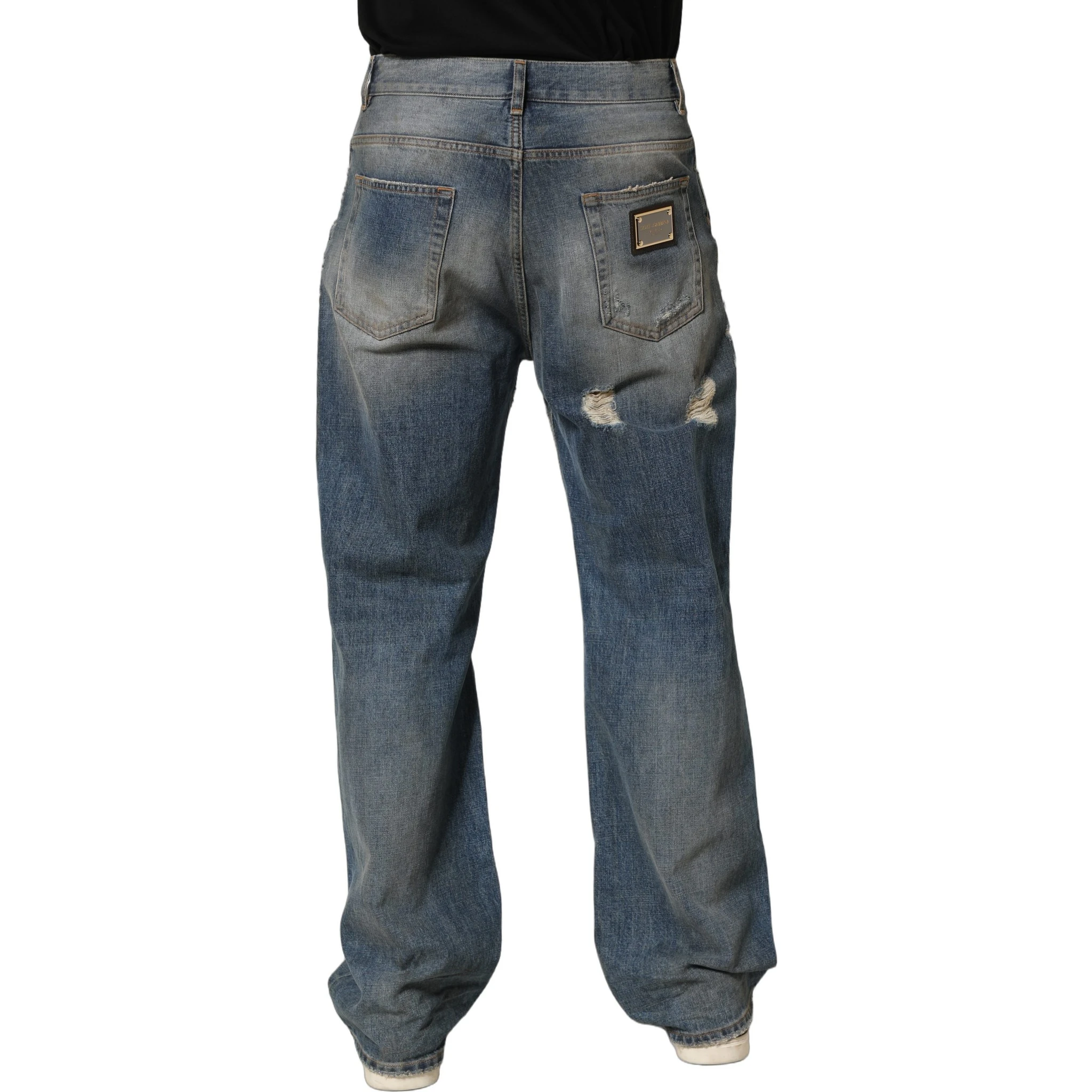 Blue Cotton Distressed Straight Denim Jeans