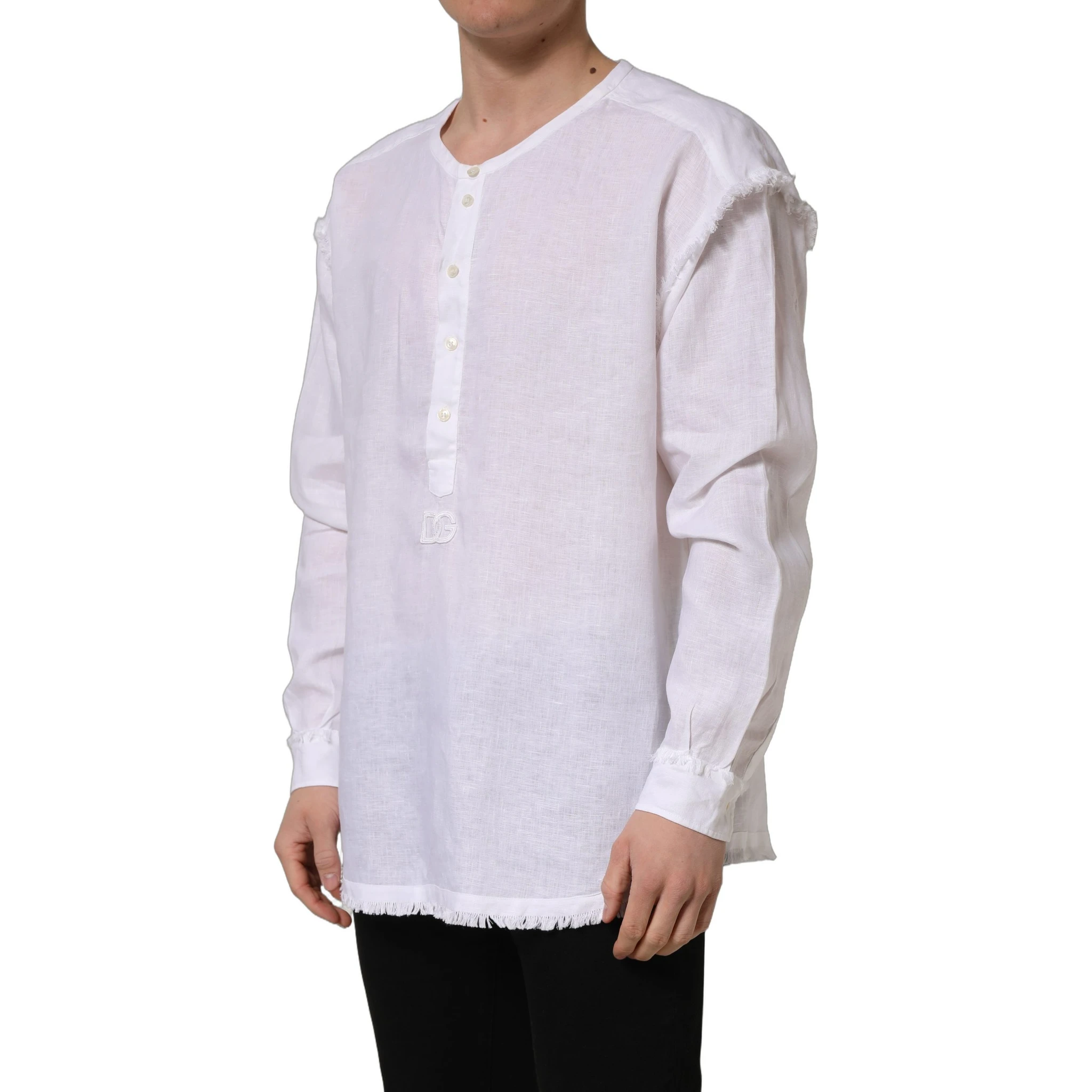 White Linen Logo Long Sleeves Casual Shirt