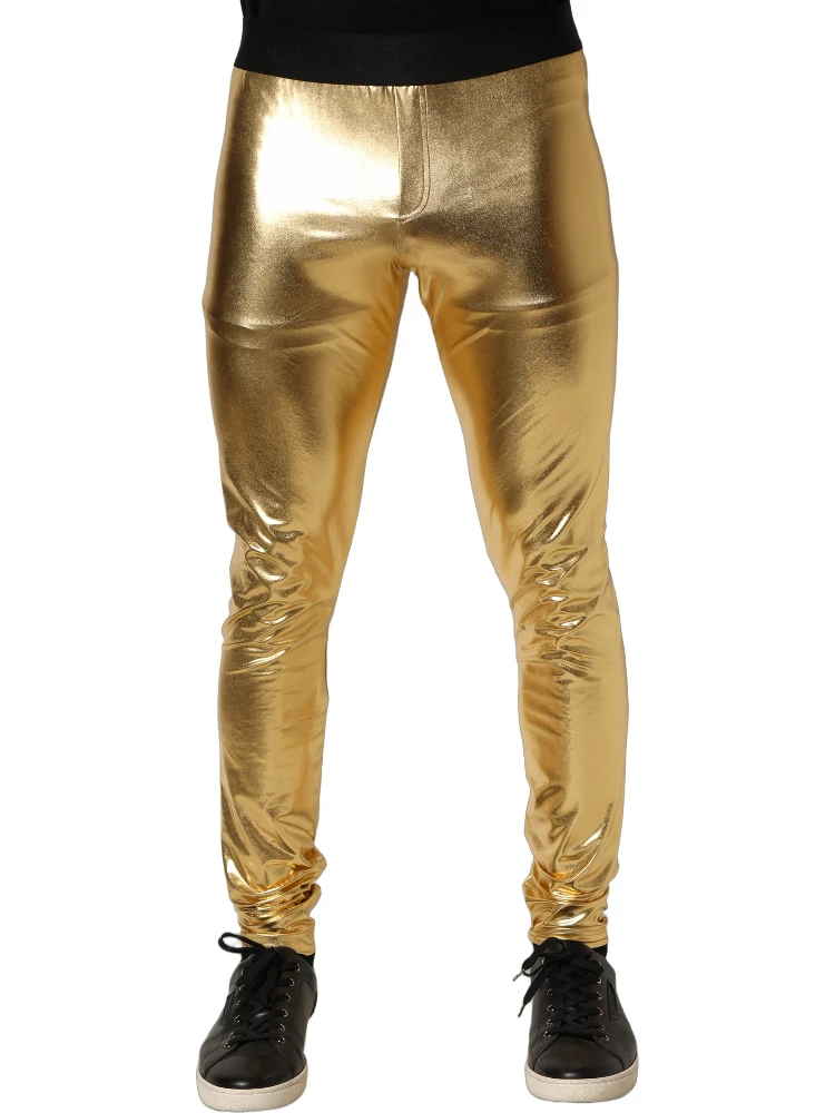 Gold Metallic Polyester Skinny Trousers Pants