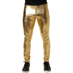 Gold Metallic Polyester Skinny Trousers Pants