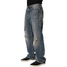 Blue Cotton Distressed Straight Denim Jeans