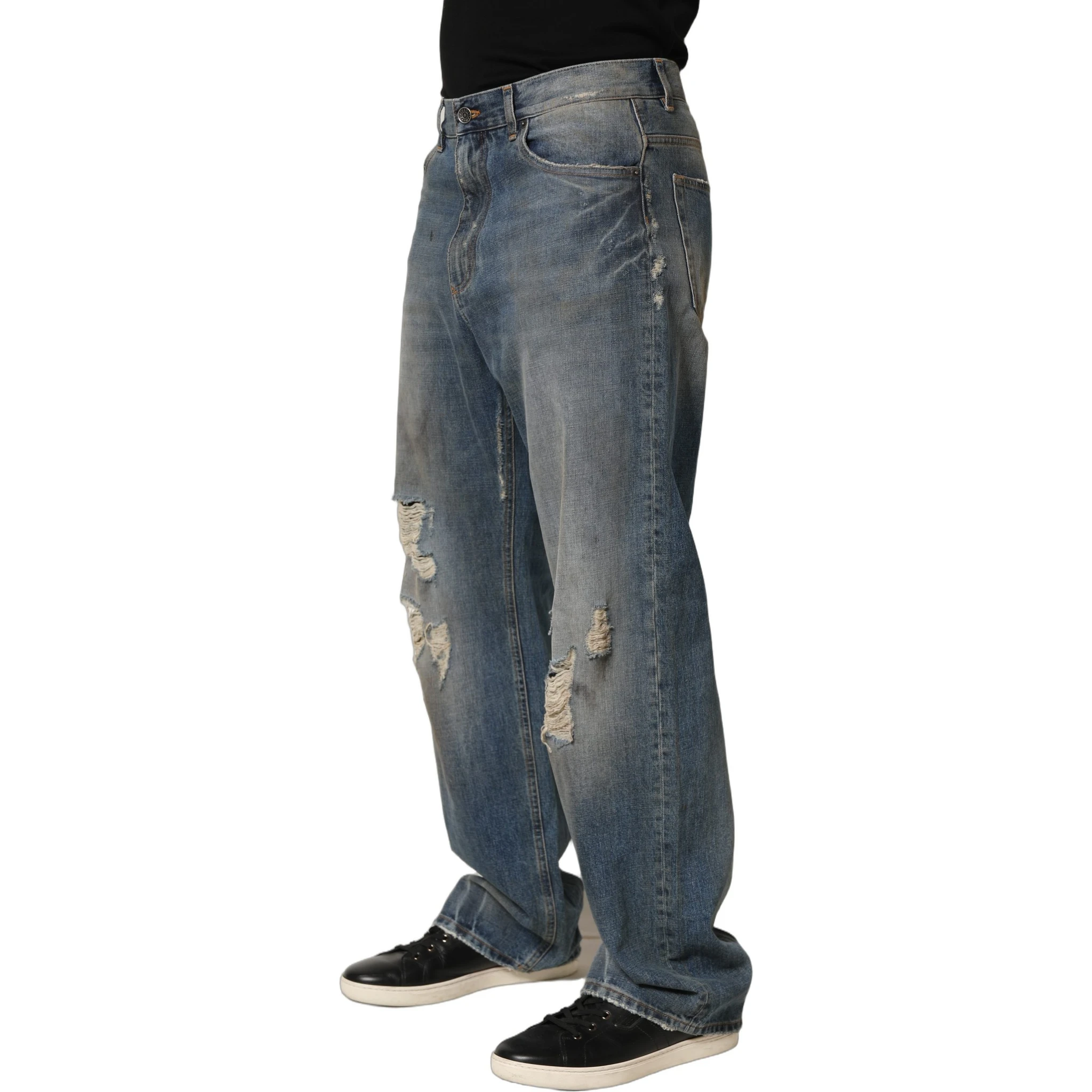 Blue Cotton Distressed Straight Denim Jeans