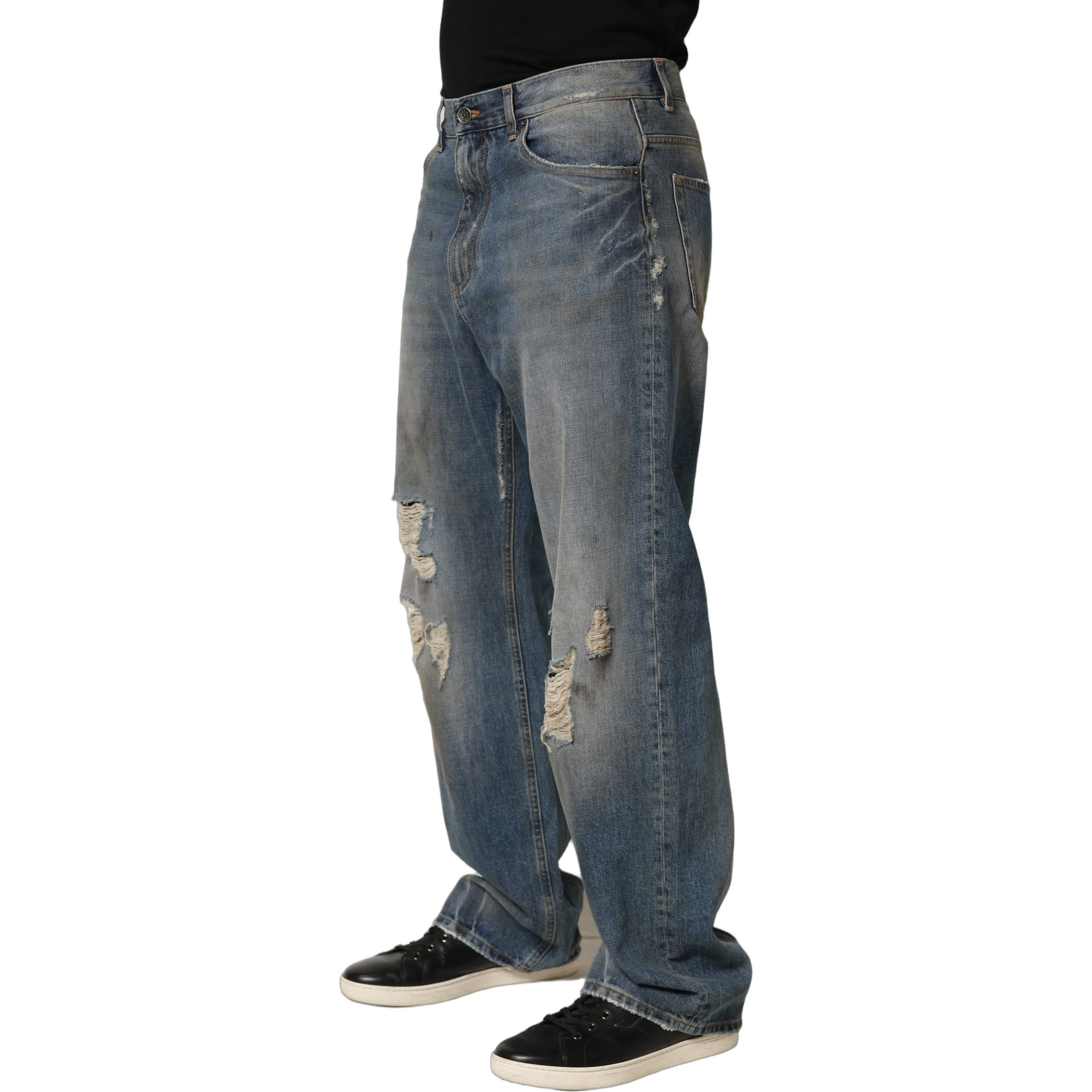 Blue Cotton Distressed Straight Denim Jeans