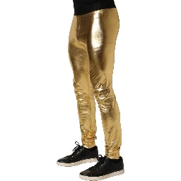 Gold Metallic Polyester Skinny Trousers Pants
