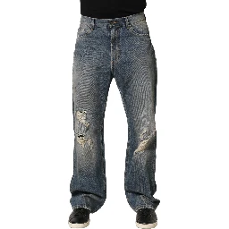 Blue Cotton Distressed Straight Denim Jeans