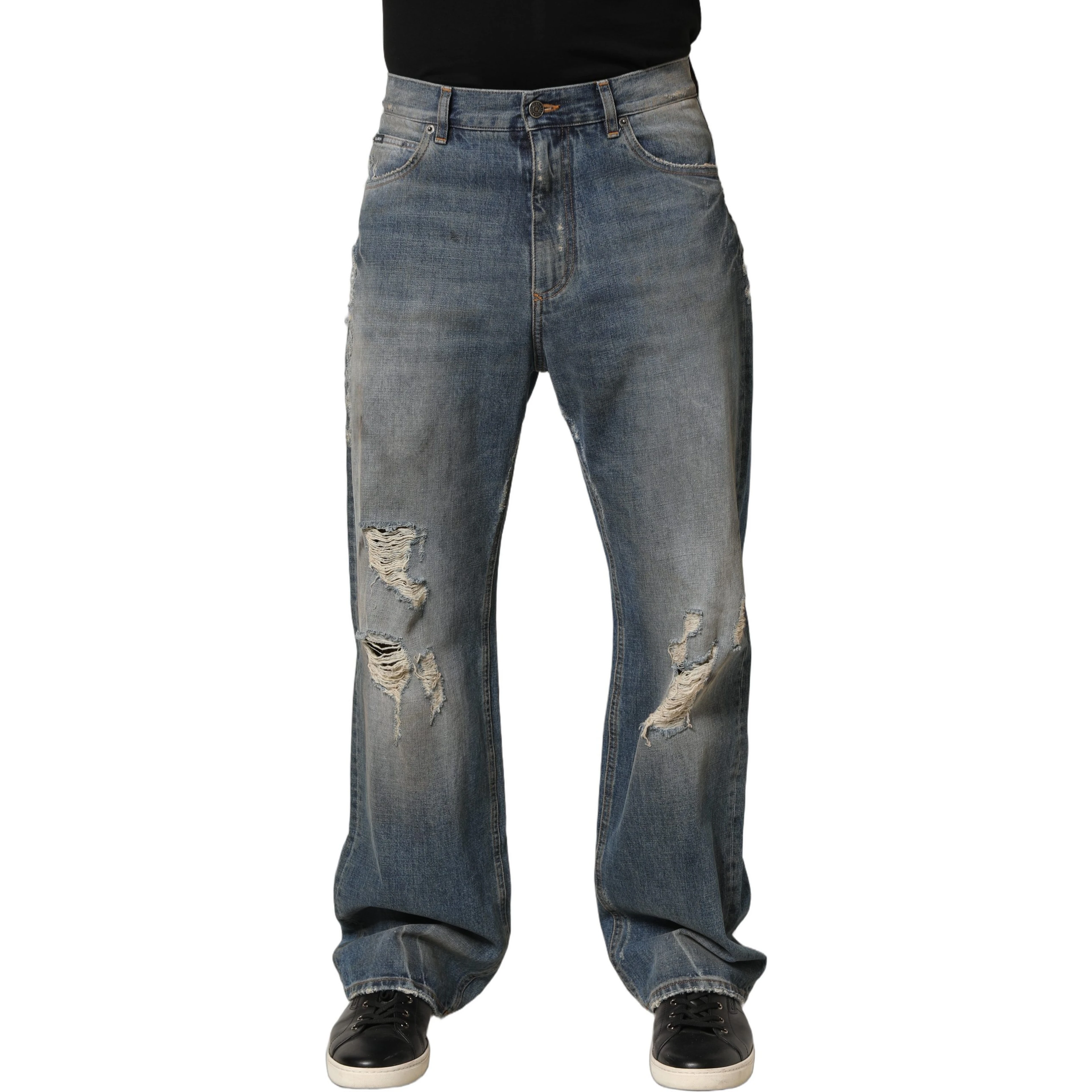 Blue Cotton Distressed Straight Denim Jeans