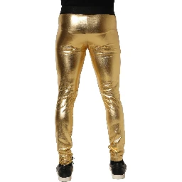 Gold Metallic Polyester Skinny Trousers Pants