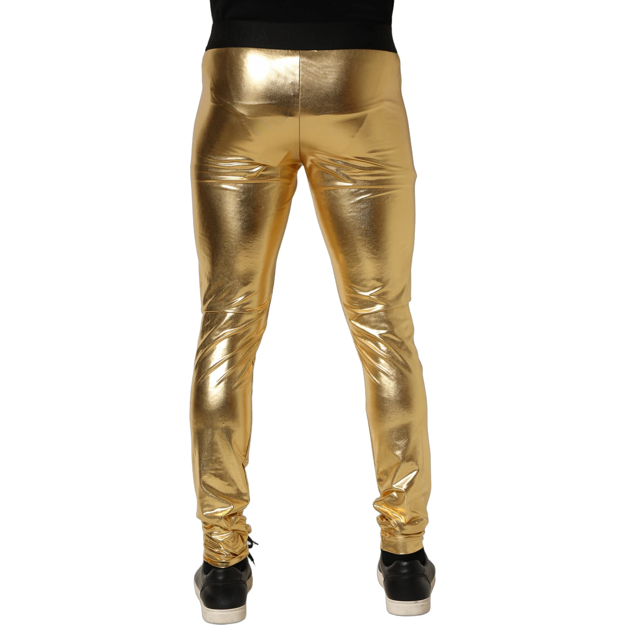 Gold Metallic Polyester Skinny Trousers Pants
