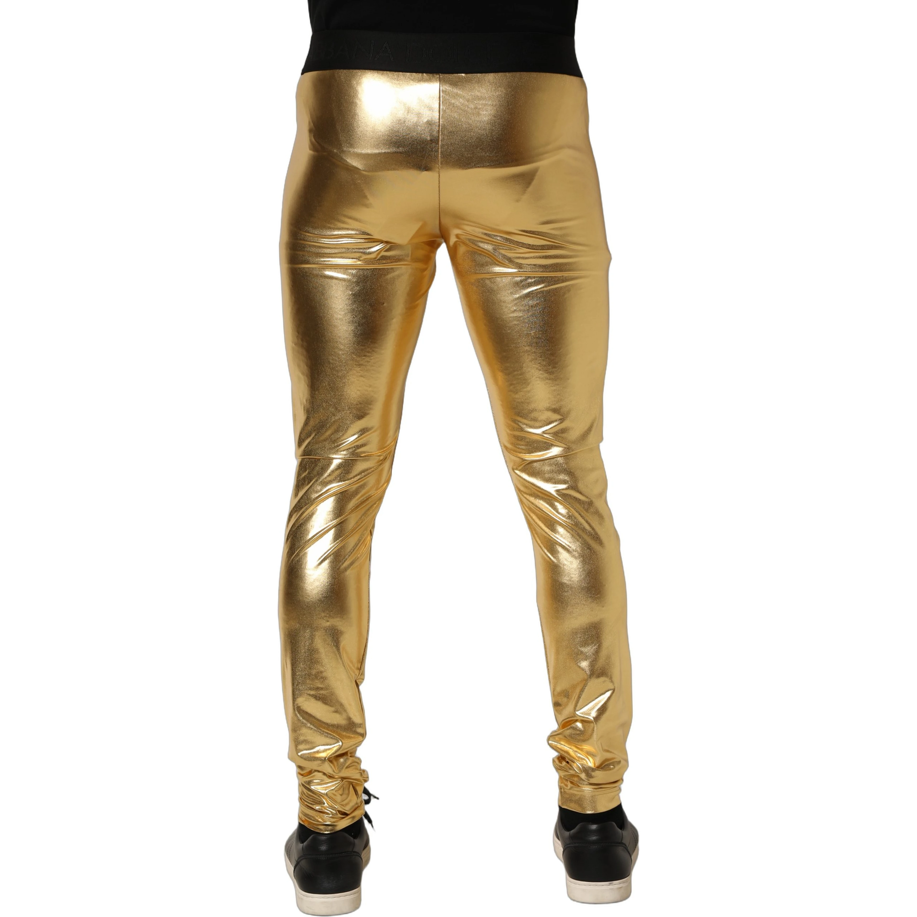 Gold Metallic Polyester Skinny Trousers Pants