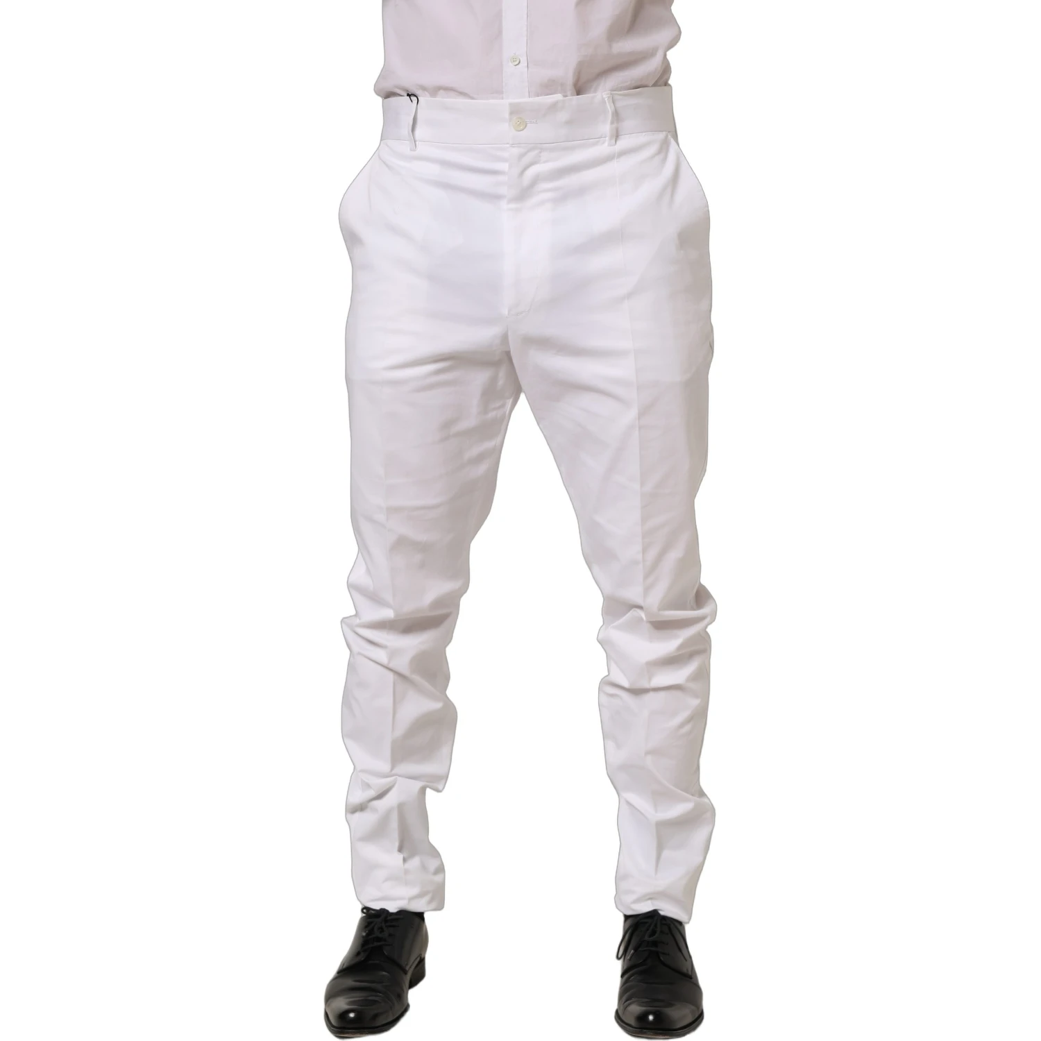 White Cotton Tapered Leg Dress Trouser Pants