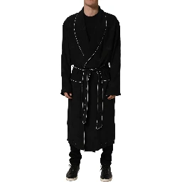 Black 100% Silk Robe Men Wrap Coat Jacket