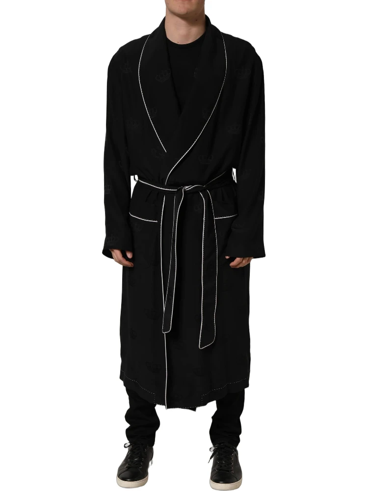 Black 100% Silk Robe Men Wrap Coat Jacket