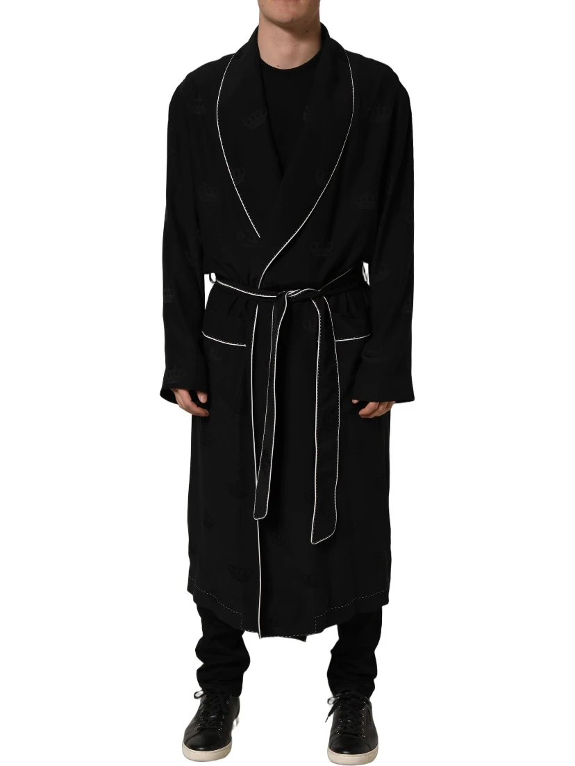 Black 100% Silk Robe Men Wrap Coat Jacket