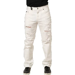 White Cotton Distressed Straight Denim Jeans