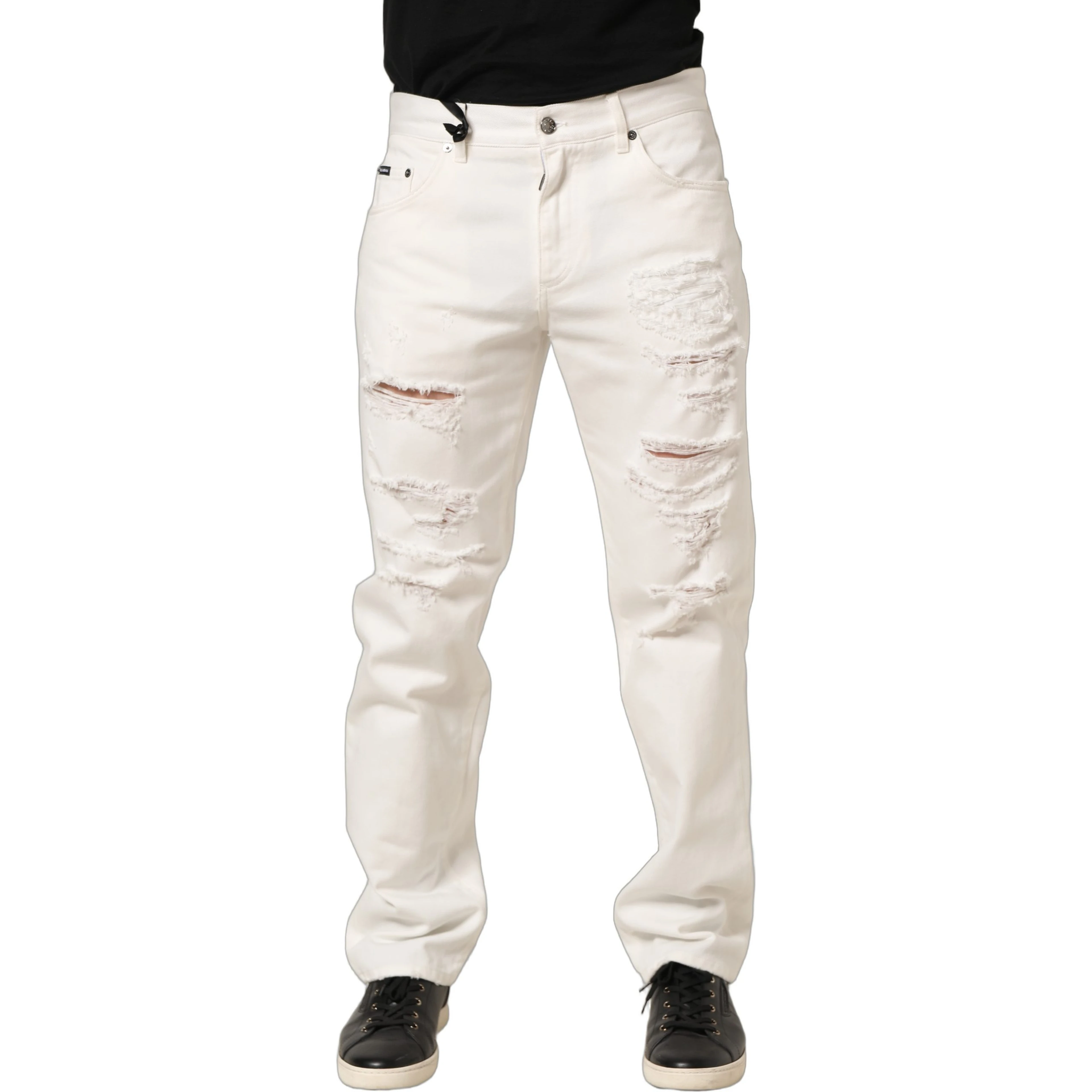 White Cotton Distressed Straight Denim Jeans