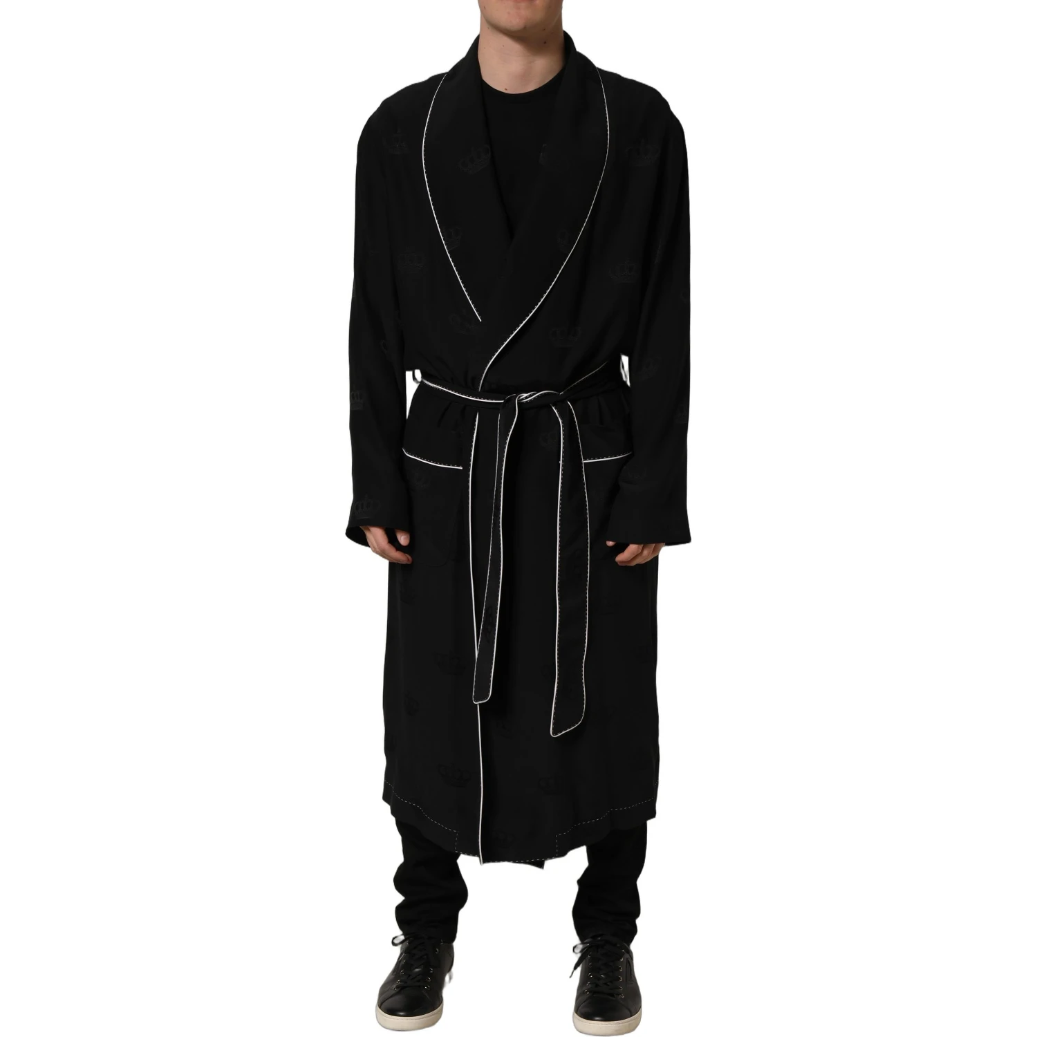 Black 100% Silk Robe Men Wrap Coat Jacket