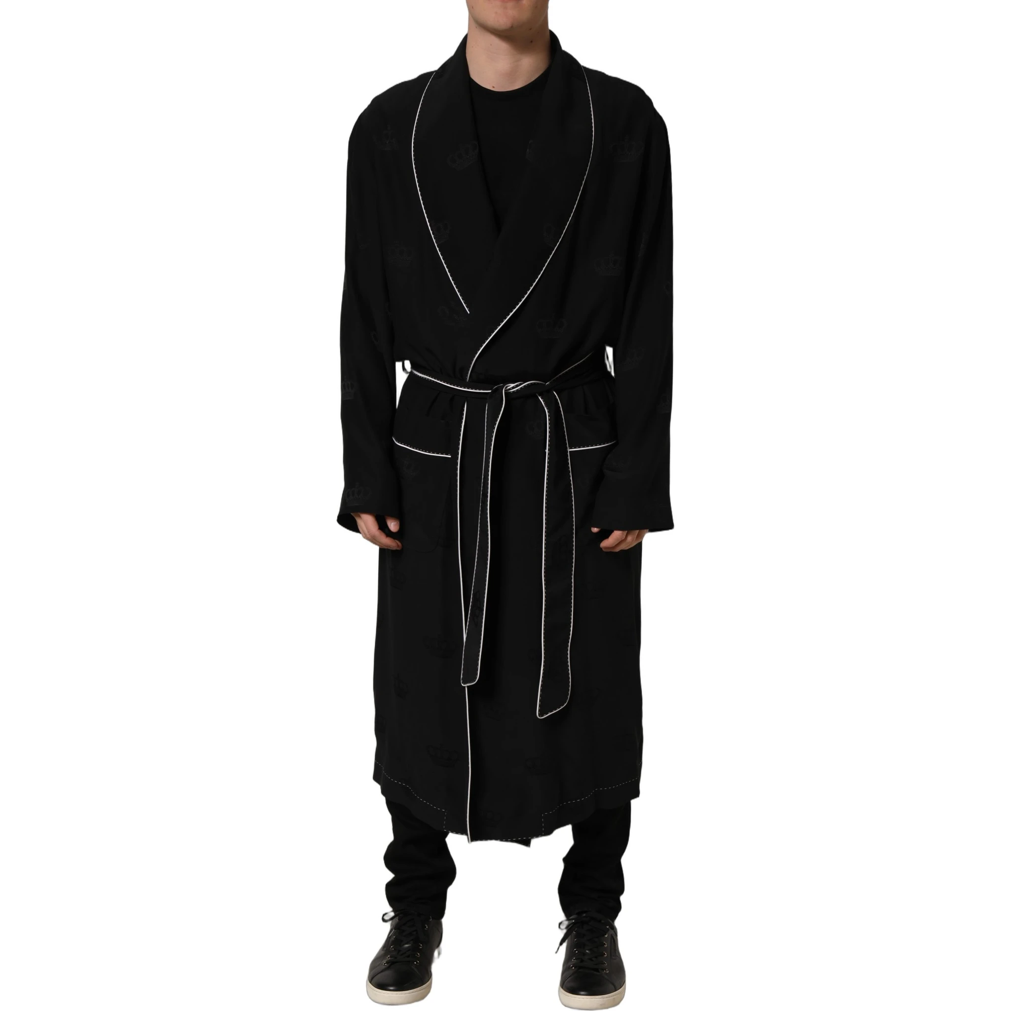 Black 100% Silk Robe Men Wrap Coat Jacket